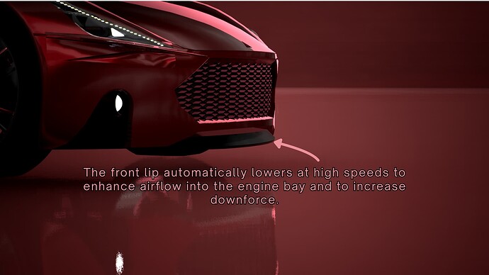 The front lip automatically lowers at high speeds to let more air into the engine bay and to increase downforce.